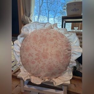 Round Floral Ruffled Throw Pillow - Pink and White